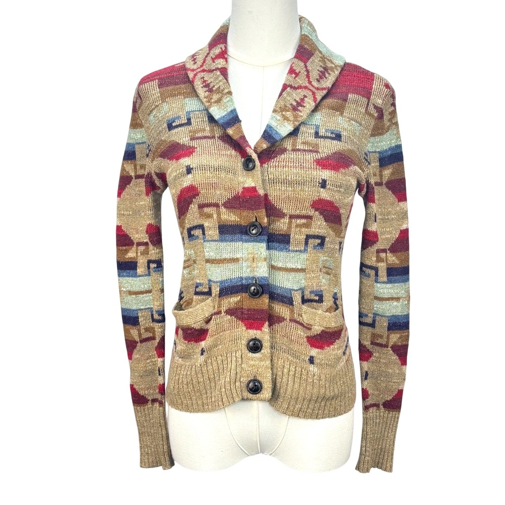 Ralph Lauren Southwestern Carigan Shawl Collar Knit Button Front Aztec Womens XS